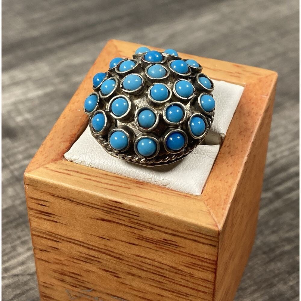 Vintage Atomic Sputnik Ring Blue Cabochon Cluster Silver Tone Size 6